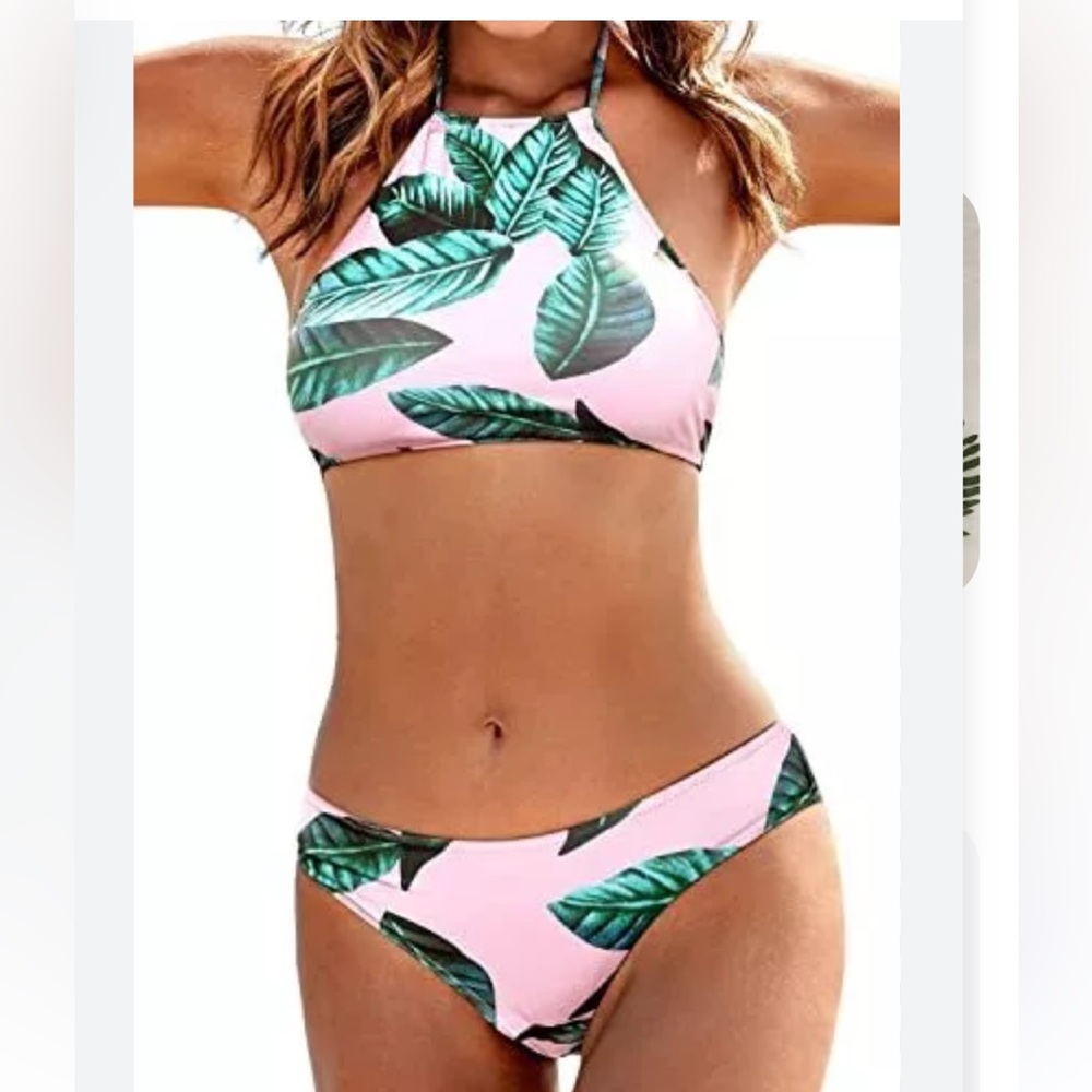 EKOUAER HIGH NECK HALTER TOP BIKINI SWIM SUIT PINK GREEN BLUE Sz Medium - Picture 2 of 9